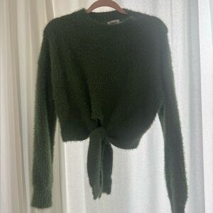 Princess Polly Fuzzy Front-Tie Cropped Sweater - Sage Green